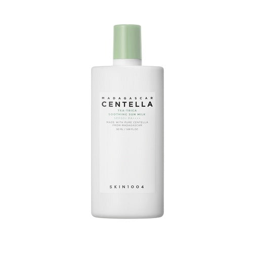 SKIN1004 MADAGASCAR CENTELLA TEA-TRICA SOOTHING SUN MILK SPF 50+ PA++++ sunscreen, front of the pack facing the camera