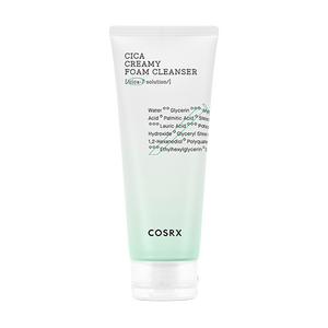 COSRX Pure Fit Cica Creamy Foam Cleanser, a 150 ml cleanser, front of the pack facing the camera
