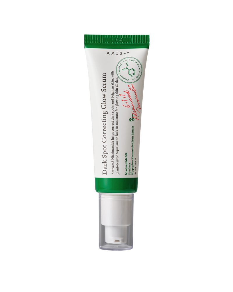 AXIS-Y Dark Spot Correcting Glow Serum, a 50 ml serum, front of the pack facing the camera