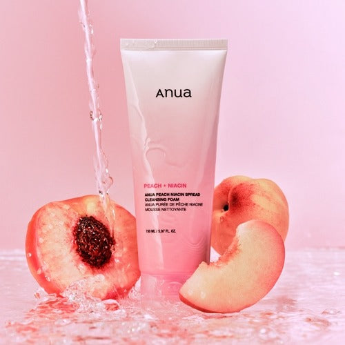 Anua Peach Niacin Spread Cleansing Foam, a 150 ml cleanser, front of the pack facing the camera