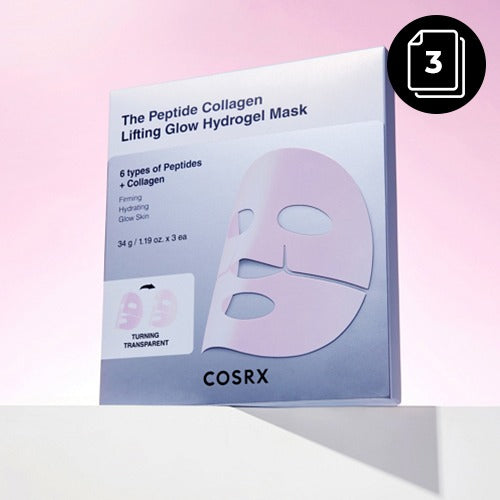 COSRX The Peptide Collagen Lifting Glow Hydrogel Mask, a 34 g x 3 mask set, front of the pack facing the camera
