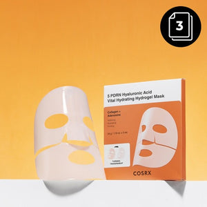 COSRX 5 PDRN Hyaluronic Acid Vital Hydrating Hydrogel Mask, a 34 g x 3 mask set, front of the pack facing the camera