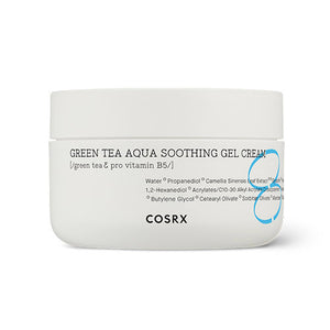 COSRX Hydrium Green Tea Aqua Soothing Gel Cream, a 50 ml cream, front of the pack facing the camera